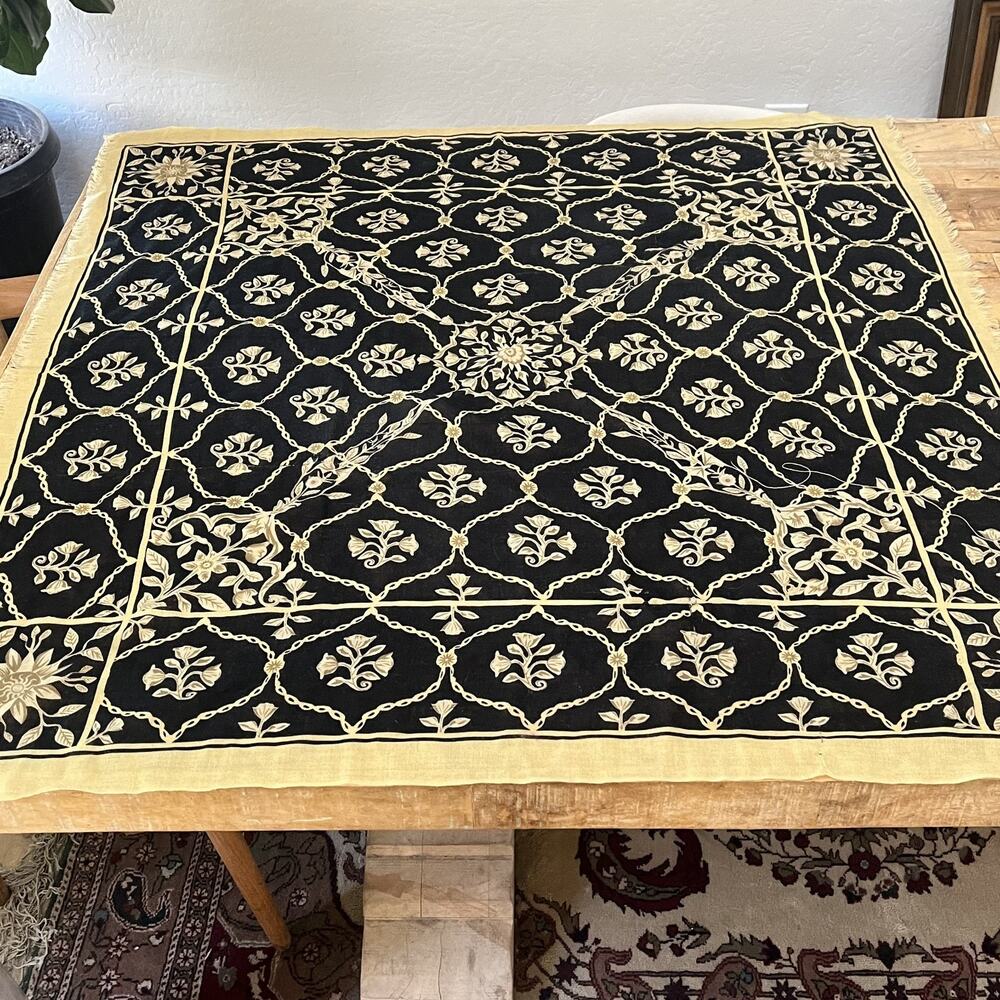 Khaadi Wool Square Scarf Black Beige Floral Chain Design 42" x 42"